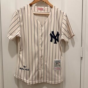 Mitchell & Ness Cream Pinstripe Baseball Jersey with Navy Stripes